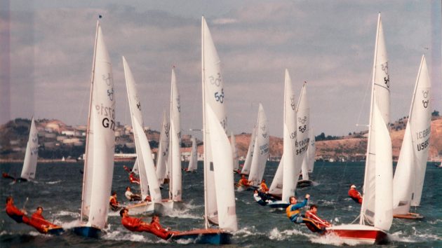 Stan crewing for Sally (blue hull) at the 505 World Championships in 1981