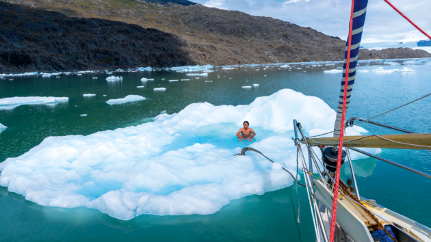 A refreshing dip in front of the Jorge Montt glacier