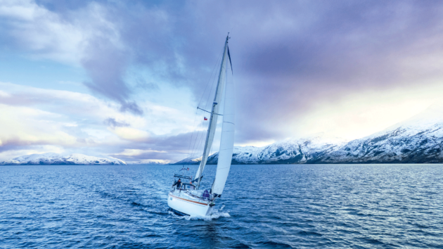 Sailing to windward on a calm winter day in the Brazo Noroeste of the Beagle Channel.