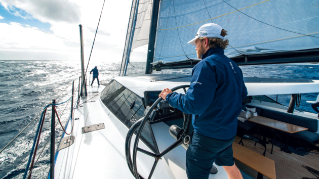 Alex Thomson helming the Gunboat 68 Tosca mid-Atlantic 